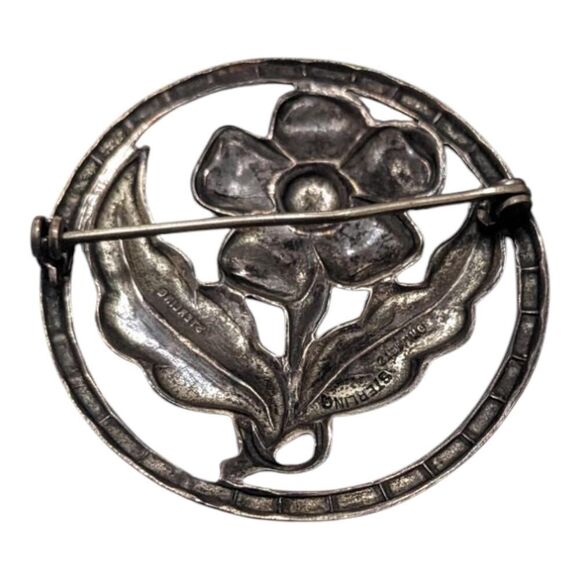 Estate Vintage Elegant Sterling Silver Elegant Flower Leaves Round Brooch Pin - Picture 2 of 3